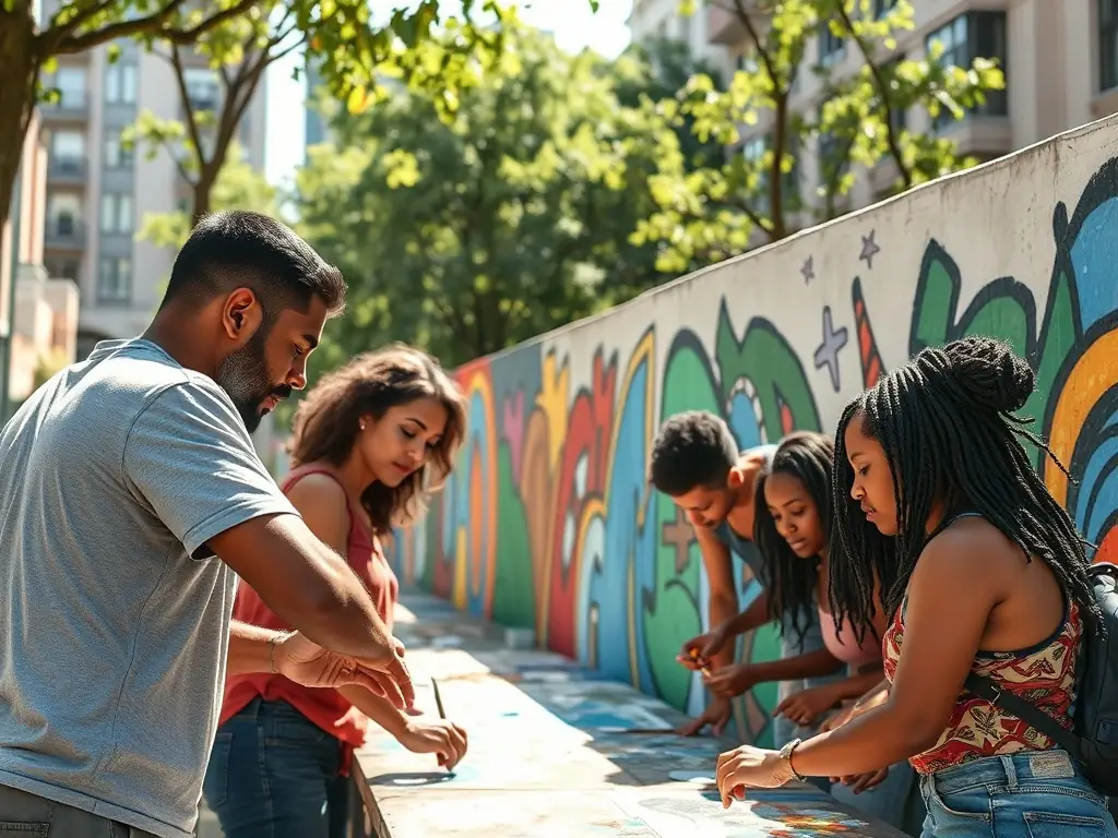 A vibrant mural created by community members during an OPOPOP-sponsored public art project, showcasing the organization's commitment to community engagement and artistic expression.