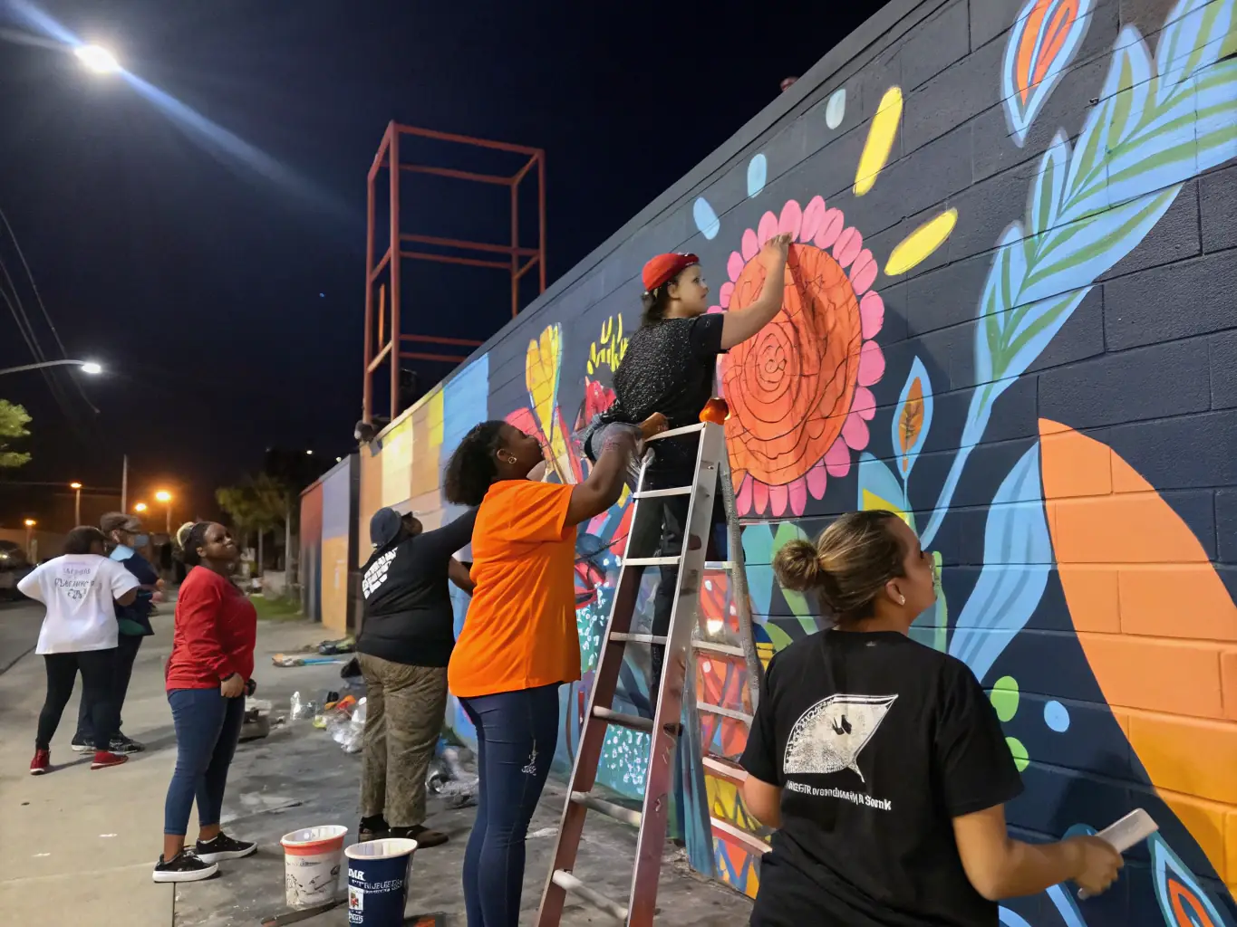 A diverse group of participants actively engaged in a collaborative art workshop, painting vibrant murals on a large canvas, showcasing the community aspect of OPOPOP's programs.