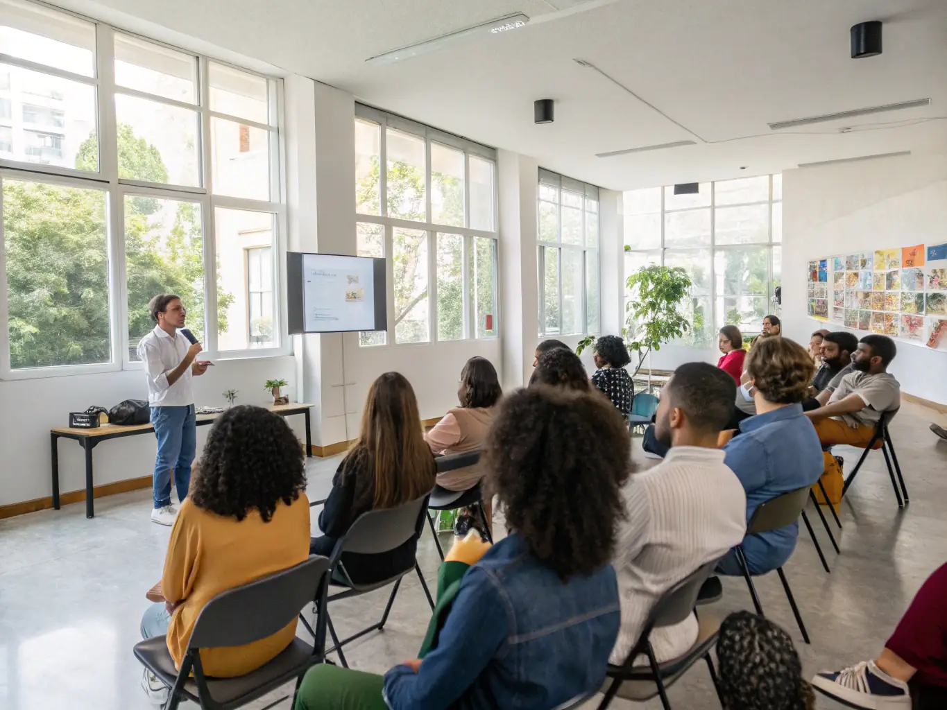 A diverse group of adults attending a cultural heritage seminar, listening attentively to a speaker discussing the history and significance of local art forms, highlighting OPOPOP's cultural awareness programs.