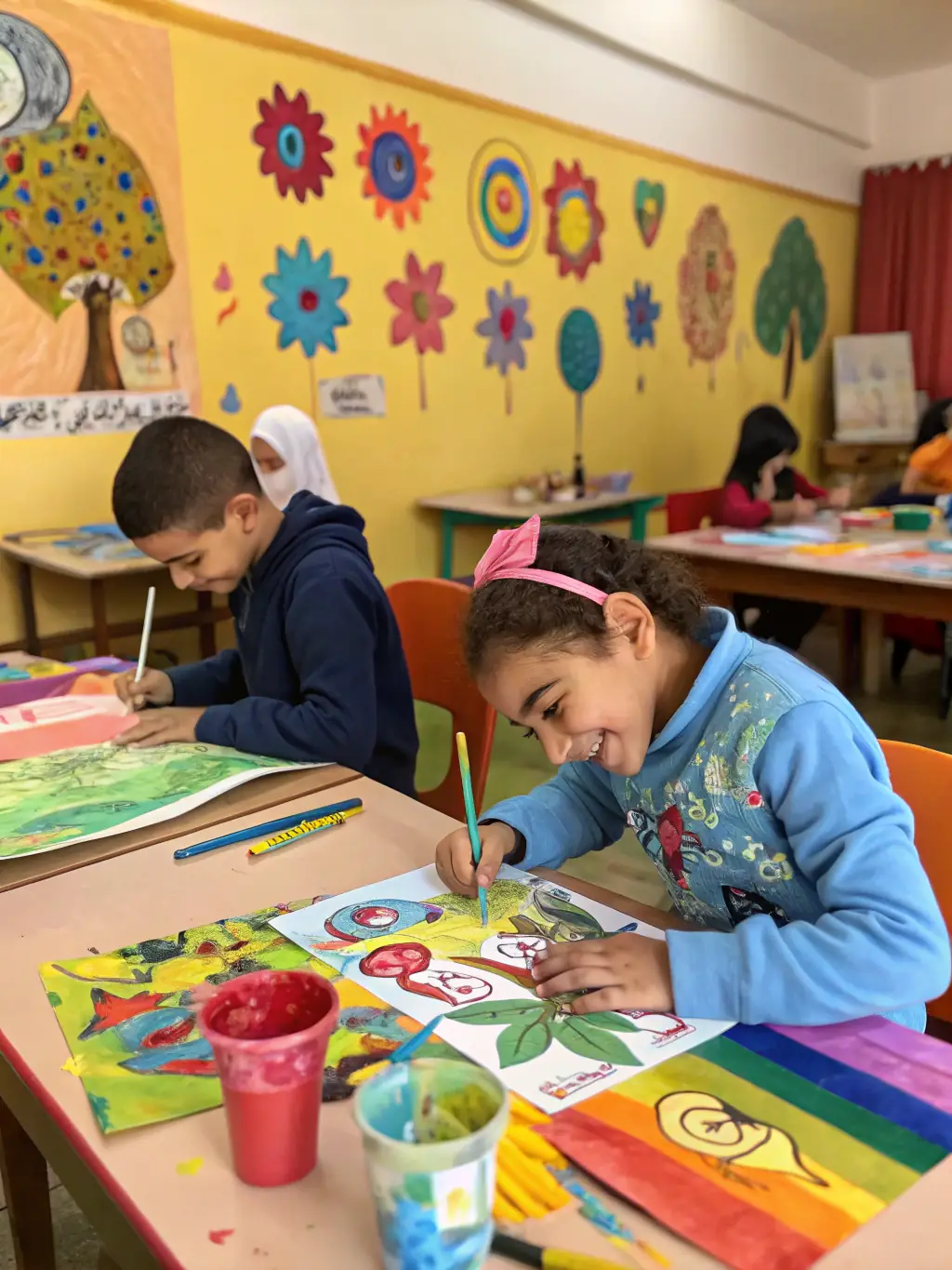 A vibrant photograph capturing a children's art workshop in progress, with kids painting enthusiastically and an instructor guiding them, set in a colorful and inspiring environment.