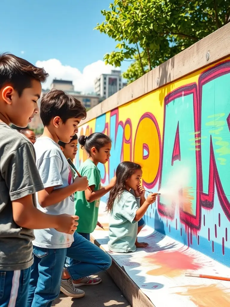 A vibrant photograph capturing children participating in an OPOPOP-sponsored art workshop, painting colorful murals on a community building wall, showcasing the organization's commitment to arts education.