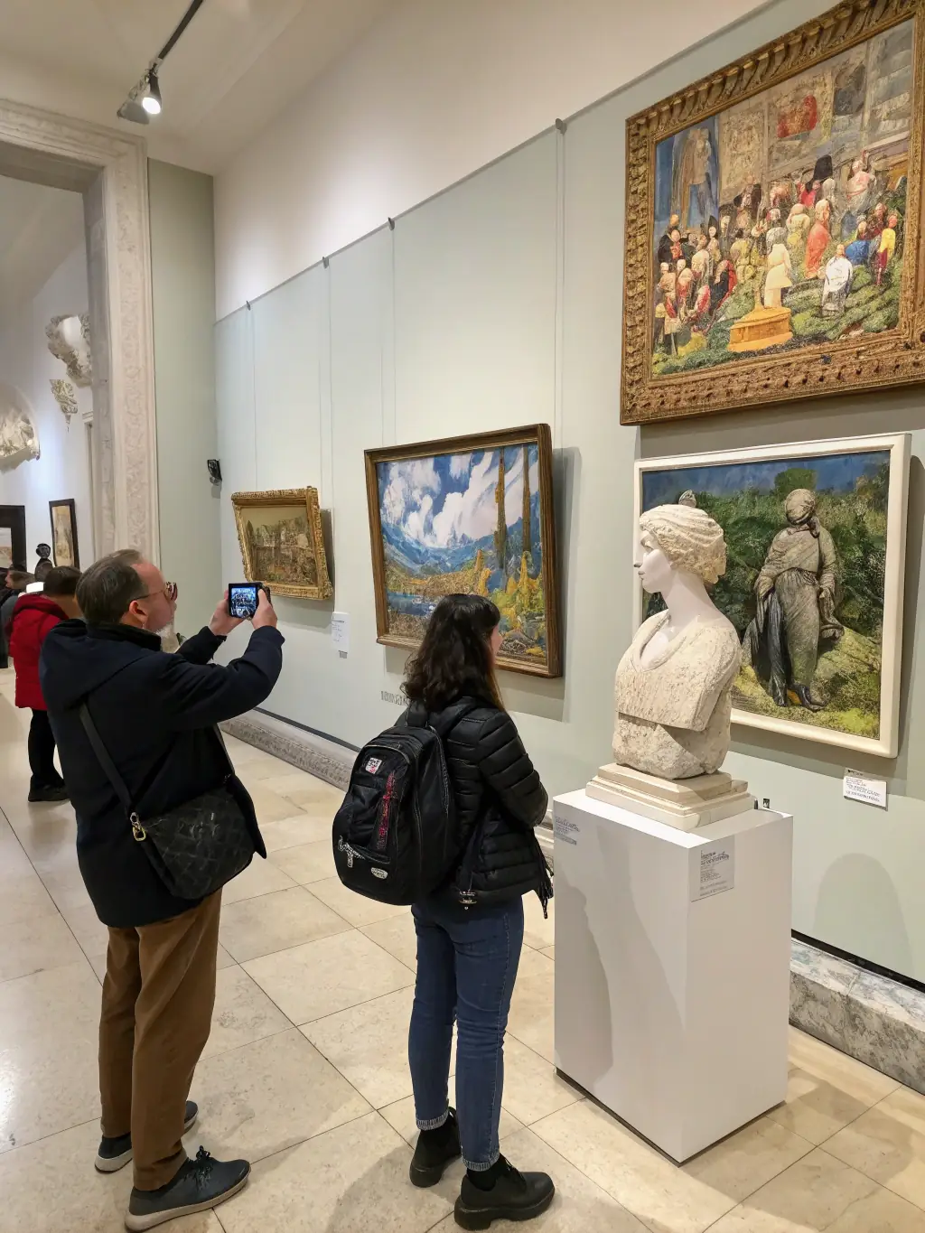 A photograph of an art exhibition featuring diverse artworks, with people of different ages and backgrounds admiring the pieces, set in a modern and well-lit gallery space.