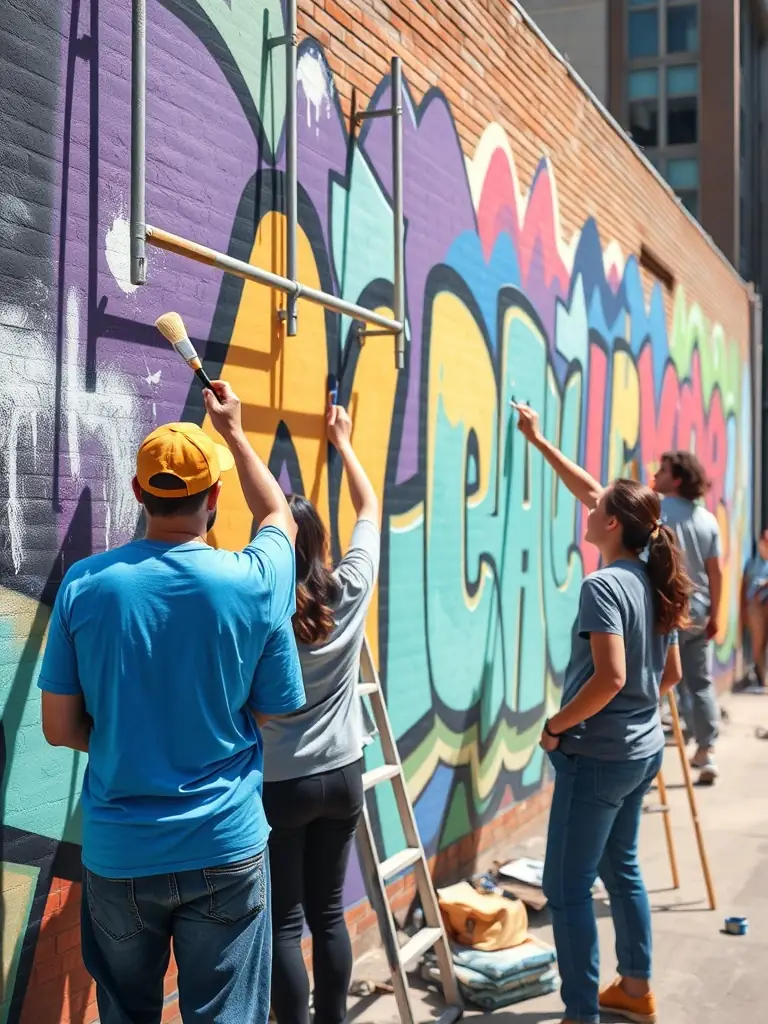 A photo of a mural being created in a public space, with artists collaborating and community members watching, showcasing the transformative power of public art.