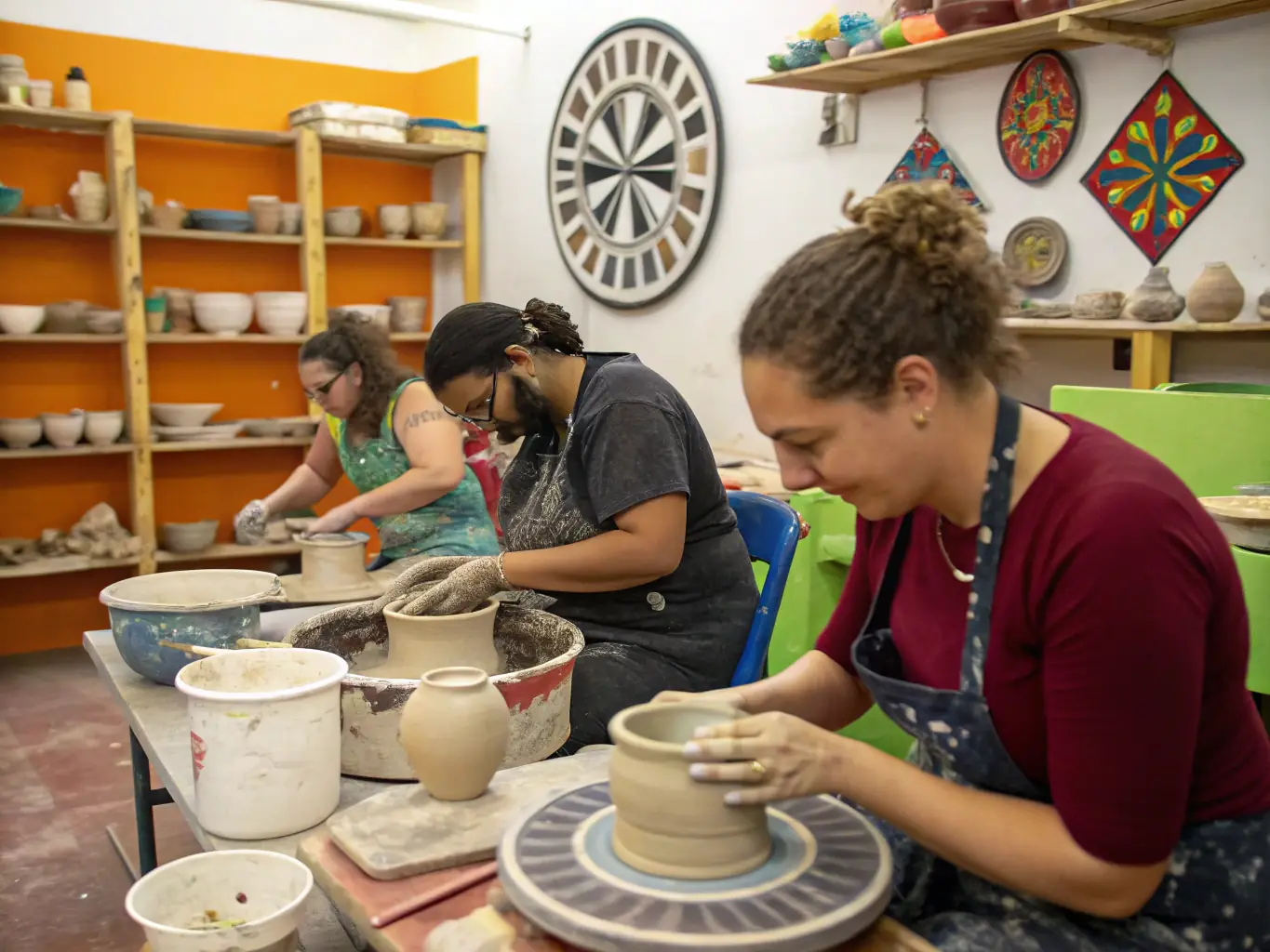 A group of young students participating in a pottery workshop, their hands covered in clay as they learn the basics of ceramic art, showcasing OPOPOP's hands-on arts education program.