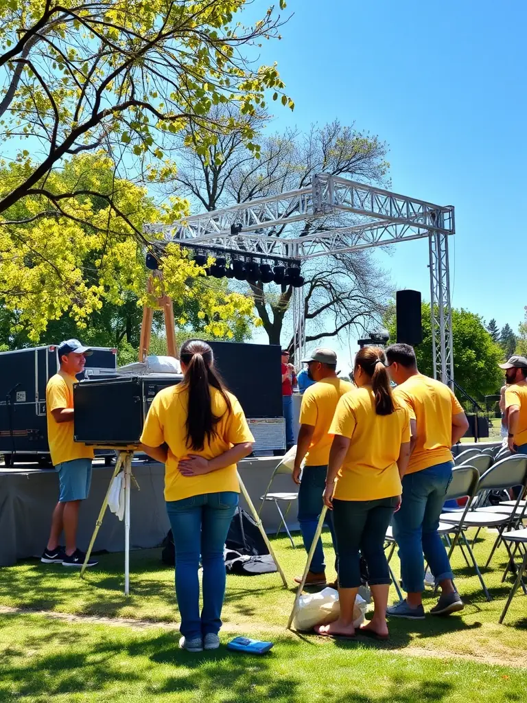 A photograph of OPOPOP volunteers assisting with the setup of an outdoor art exhibition in a public park, demonstrating the organization's dedication to accessible art experiences.