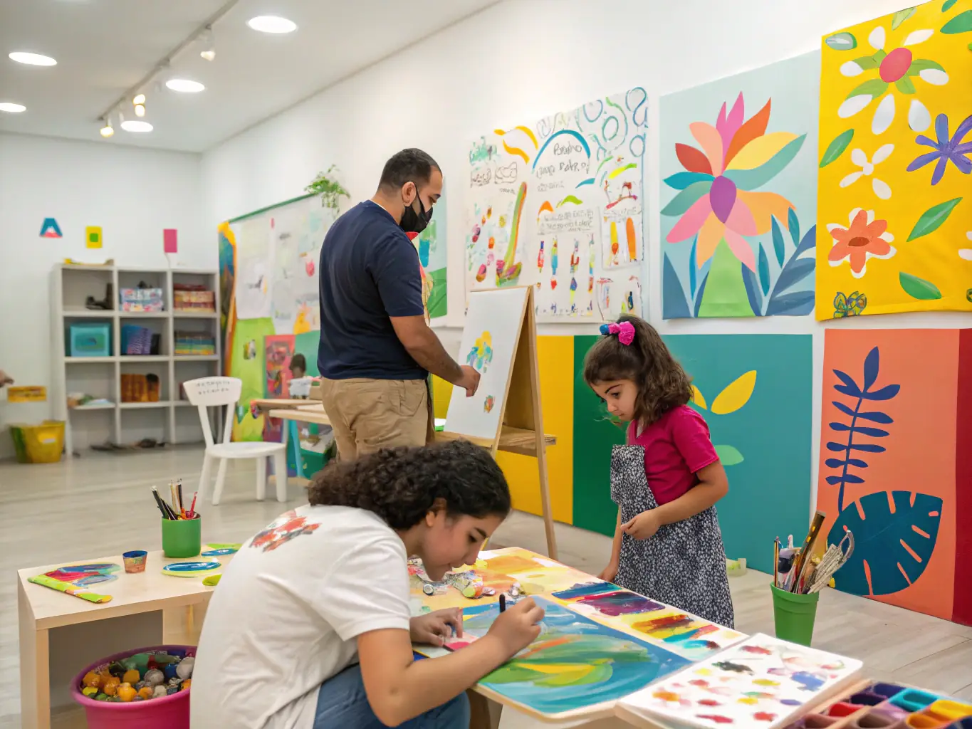 A vibrant image showcasing participants engaged in a collaborative art workshop, with diverse age groups and backgrounds, set in a brightly lit studio with various art supplies and tools visible.
