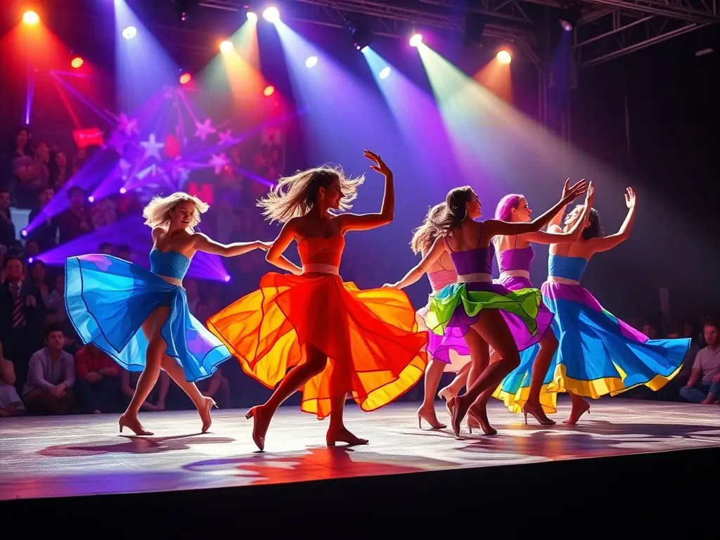 A dynamic image capturing a live performance on stage, featuring dancers or musicians in colorful costumes, with an engaged audience in the background.